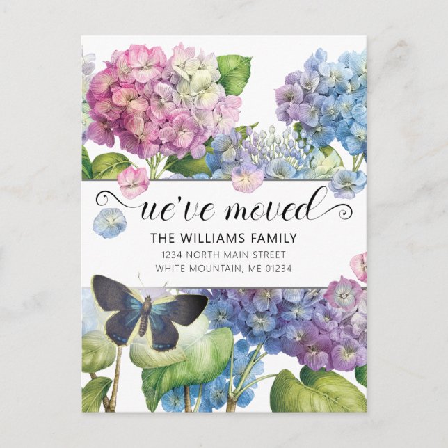 Pretty Blue Pink Hydrangea Floral Butterfly Moving Announcement Postcard (Front)