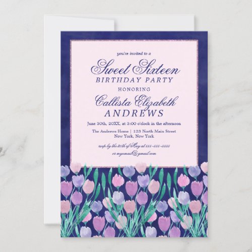 Pretty Blue Pink Tulips Floral Watercolor Sweet 16 Invitation