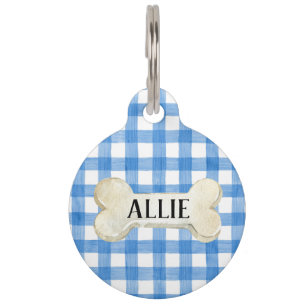 Pretty Blue Plaid Personalized Dog Pet ID Tag