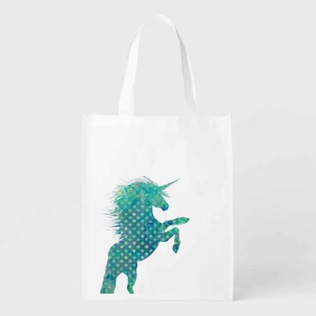 Pretty Blue Polka Dot Unicorn Grocery Bag (Front)