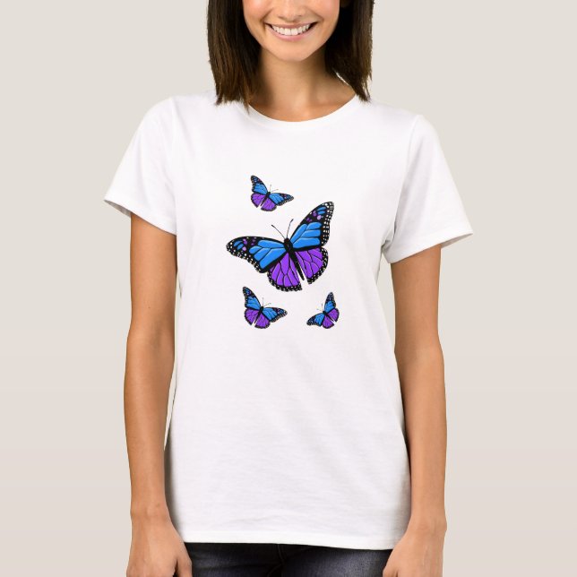 Pretty Blue Purple and Black Butterflies T-Shirt (Front)