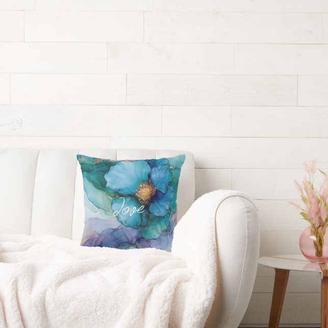 Pretty Blue Purple Aqua Gold Floral Throw Pillow (Couch)