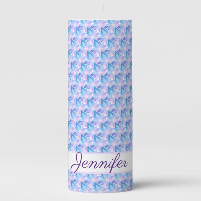 Pretty Blue Purple Flower Name Pillar Candle (Front)
