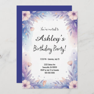 Pretty Blue & Purple Girl's Flower Birthday Party Invitation