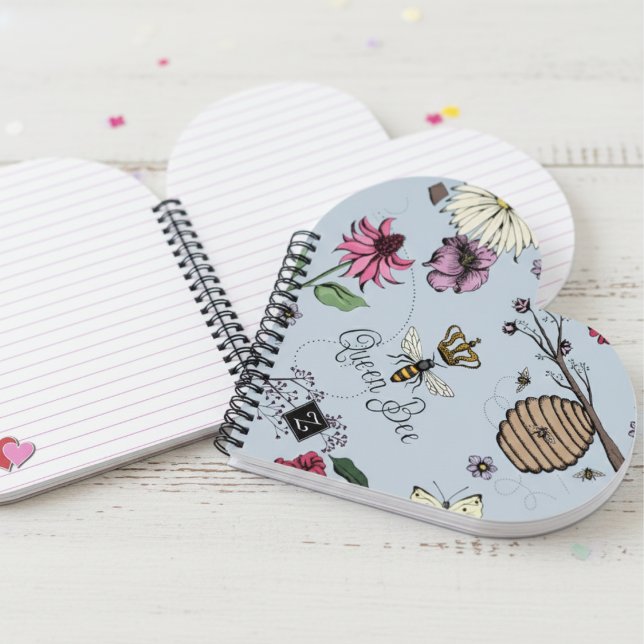 Pretty Blue Queen Bee & Royal Crown Floral Notebook (Modern Floral Queen Bee Notebooks for Nature Lover. Queen Bee, Crown, Bees, Beehive, Flower Pattern )