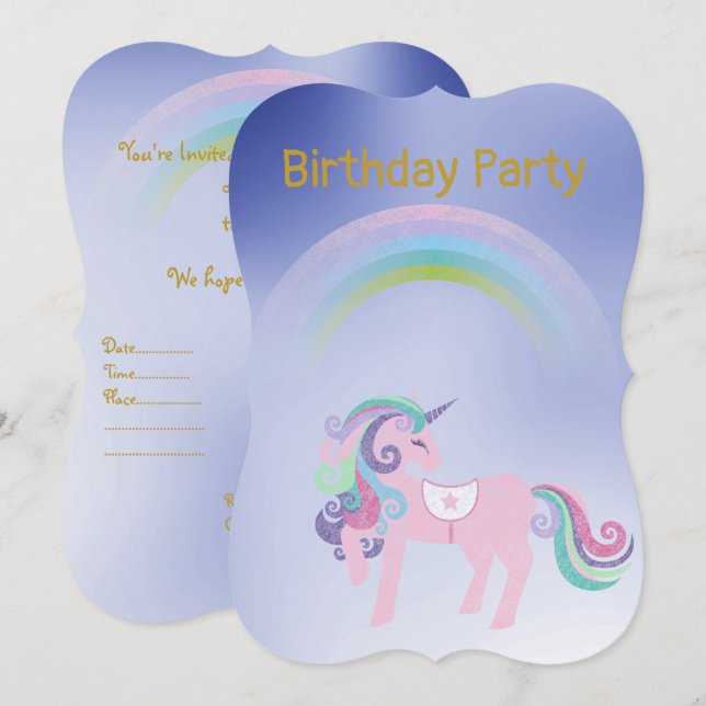 Pretty Blue Rainbow Unicorn birthday Gold Invitation (Front/Back)