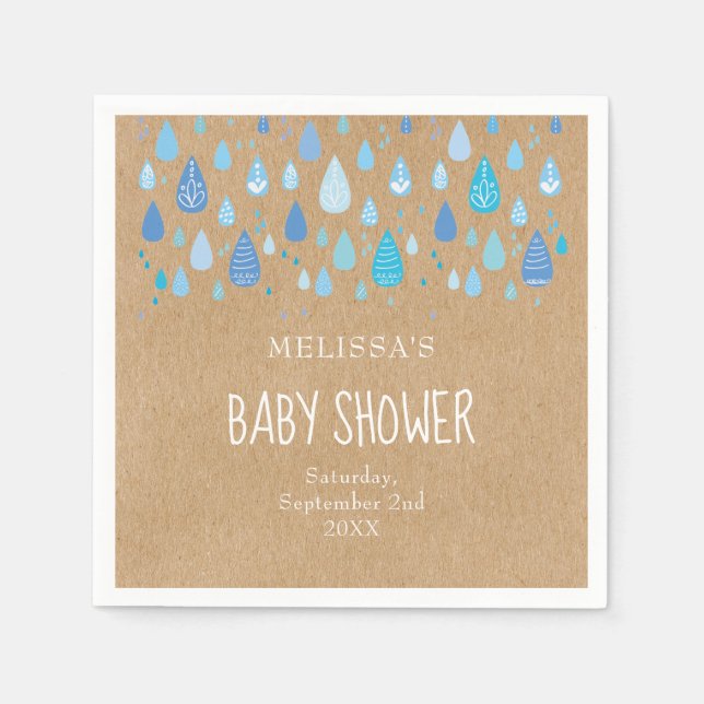 Pretty Blue Raindrops Baby Shower / Sprinkle Boho Napkins (Front)