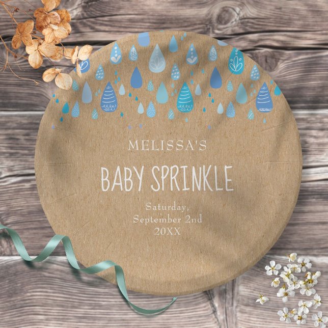 Pretty Blue Raindrops Baby Sprinkle / Shower Boho Paper Plates (Creator Uploaded)