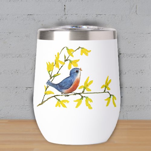 Pretty Blue Red Bird on Branch Yellow Flowers Thermal Wine Tumbler