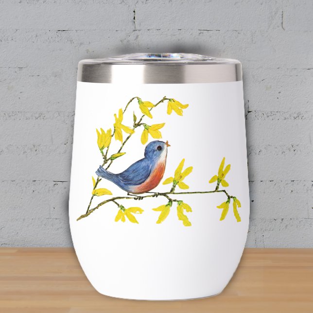 Pretty Blue Red Bird on Branch Yellow Flowers Thermal Wine Tumbler (Cute little red and blue bird on branch with bright yellow flowers on drink thermal tumbler.)