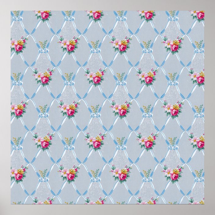 Pretty Blue Ribbons Rose Floral Vintage Wallpaper Poster Zazzle