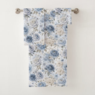Pretty Blue Rose Floral Watercolor  Bath Towel Set