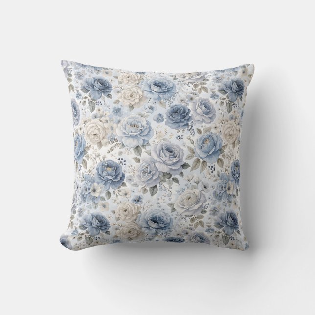 Pretty Blue Rose Floral Watercolor  Throw Pillow (Front)