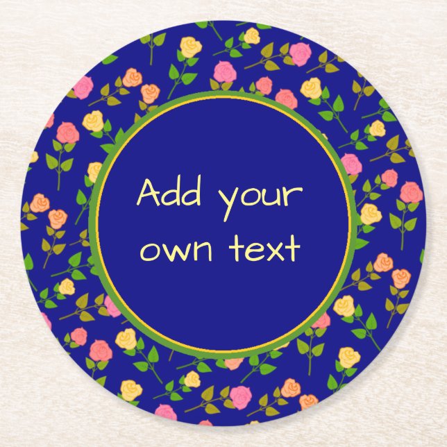 Pretty Blue Rose Pattern Custom Text Round Paper Coaster (Front)