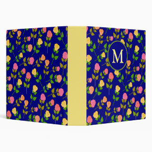 Pretty Blue Rose Pattern Monogram 3 Ring Binder