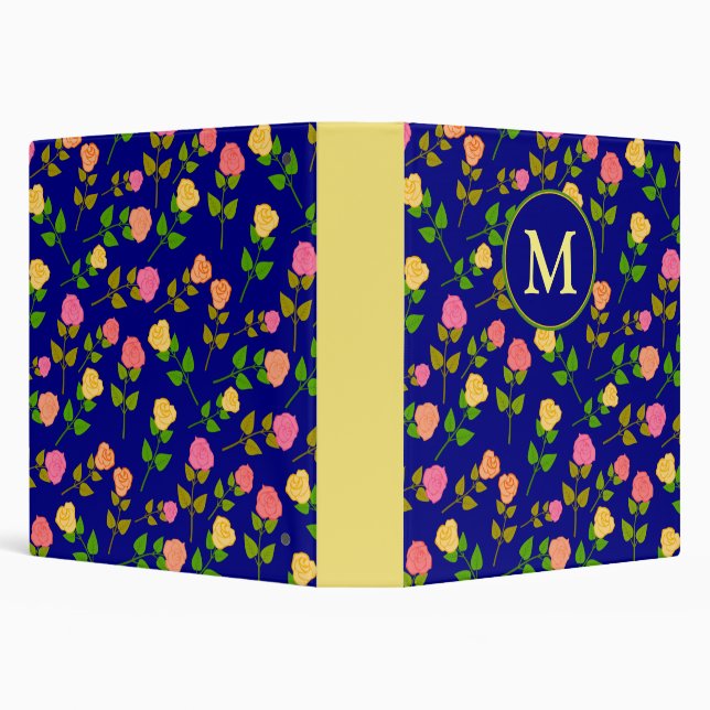 Pretty Blue Rose Pattern Monogram 3 Ring Binder (Background)