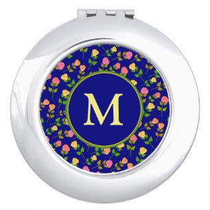 Pretty Blue Rose Pattern Monogram Compact Mirror