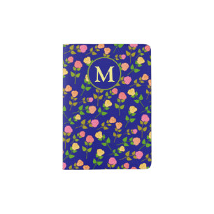 Pretty Blue Rose Pattern Monogram Passport Holder