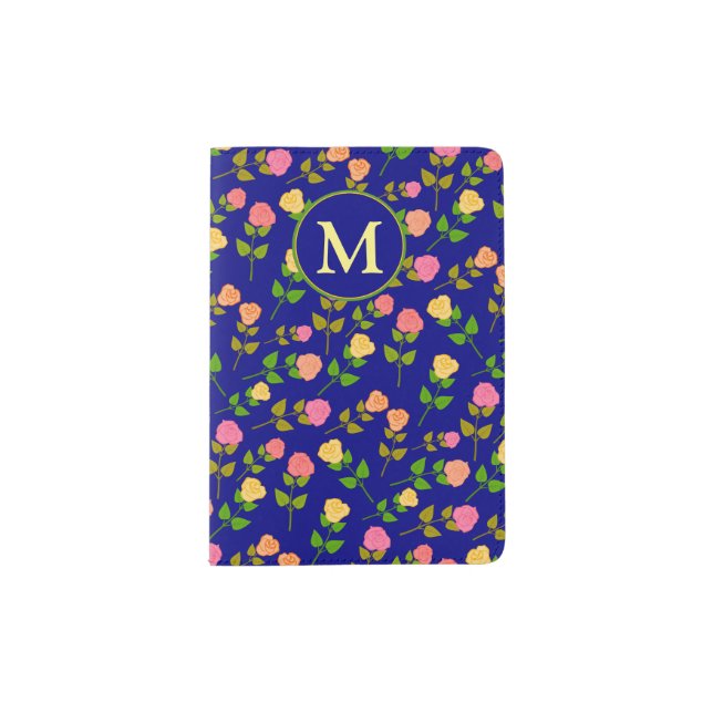 Pretty Blue Rose Pattern Monogram Passport Holder (Front)