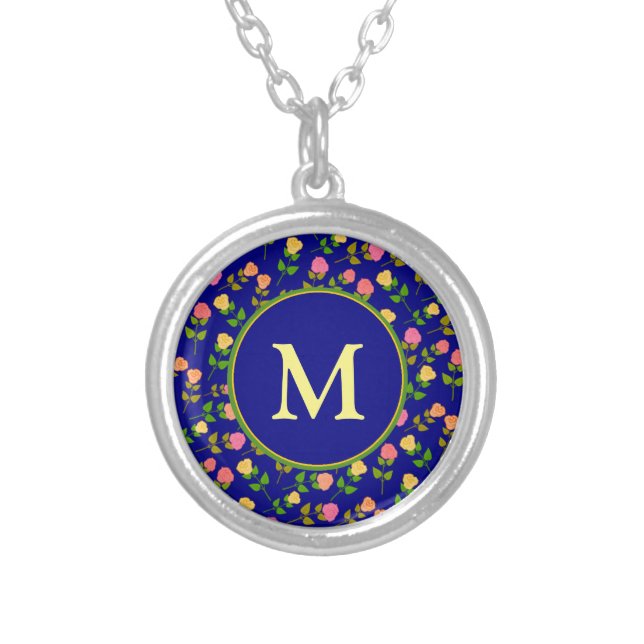 Pretty Blue Rose Pattern Monogram Silver Plated Necklace (Front)