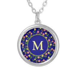 Pretty Blue Rose Pattern Monogram Silver Plated Necklace