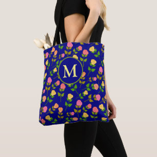 Pretty Blue Rose Pattern Monogram Tote Bag