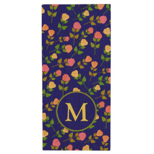 Pretty Blue Rose Pattern Monogram Wood Flash Drive