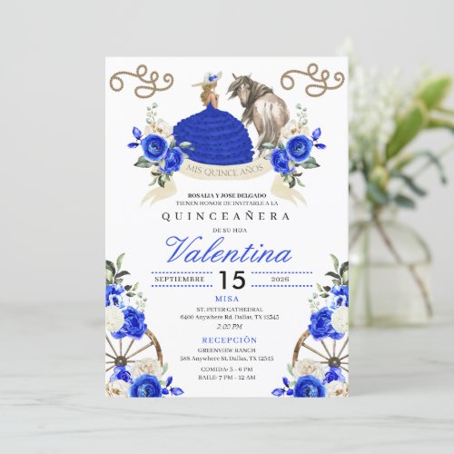 Pretty Blue Roses Cowgirl Western Quinceaera Invitation