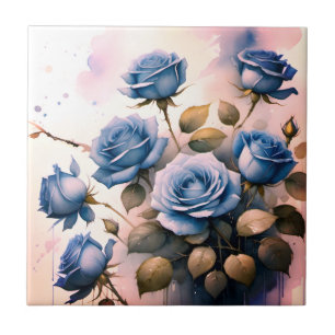 Pretty Blue Roses on pink watercolor painting Ceramic Tile