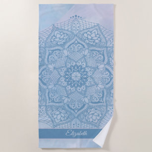 Pretty Blue Sacred Lotus Flower Blossom Mandala  Beach Towel