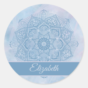 Pretty Blue Sacred Lotus Flower Blossom Mandala   Classic Round Sticker
