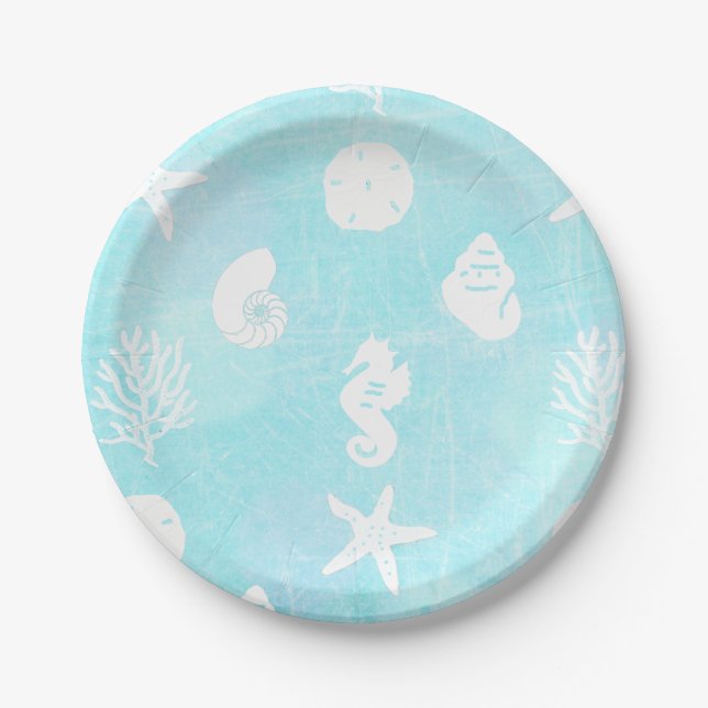 Pretty Blue Seaside Beach Themed Paper Plates (Front)