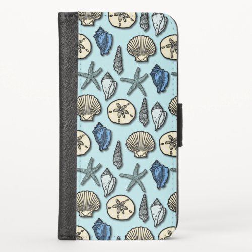 Pretty Blue Shell Starfish Sea Pattern iPhone X Wallet Case