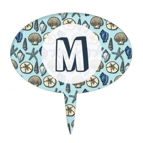 Pretty Blue Shell Starfish Sea Pattern Monogram Cake Topper