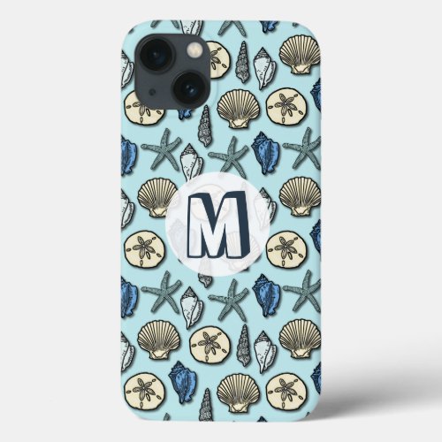 Pretty Blue Shell Starfish Sea Pattern Monogram iPhone 13 Case