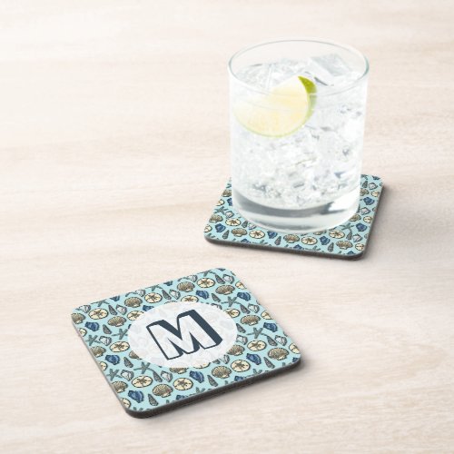 Pretty Blue Shell Starfish Sea Pattern Monogram Coaster