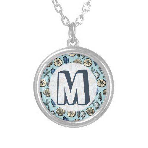 Pretty Blue Shell Starfish Sea Pattern Monogram Silver Plated Necklace