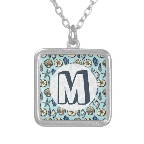 Pretty Blue Shell Starfish Sea Pattern Monogram Silver Plated Necklace