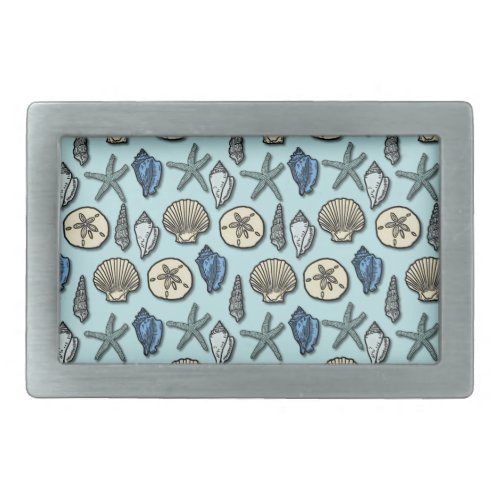 Pretty Blue Shell Starfish Sea Pattern Rectangular Belt Buckle