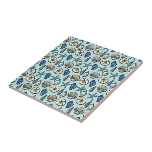 Pretty Blue Shell Starfish Sea Pattern Tile
