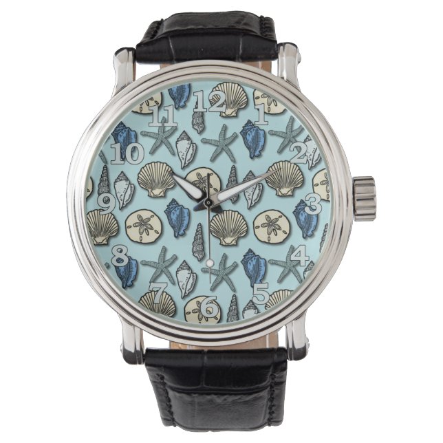 Pretty Blue Shell Starfish Sea Pattern Watch (Front)