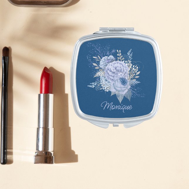 Pretty Blue & Silver Floral Personalized  Compact Mirror (Creator Uploaded)