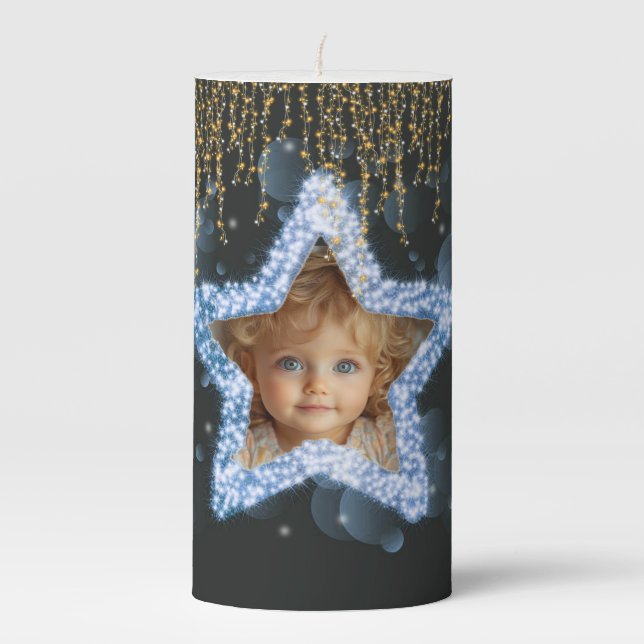 Pretty Blue Sparkle Star Gold Glitter String Light Pillar Candle (Front)
