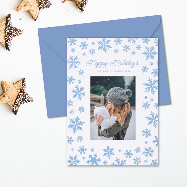 Pretty Blue Stamped Snowfall Holiday Letterpress Photo Cards (Creator Uploaded)