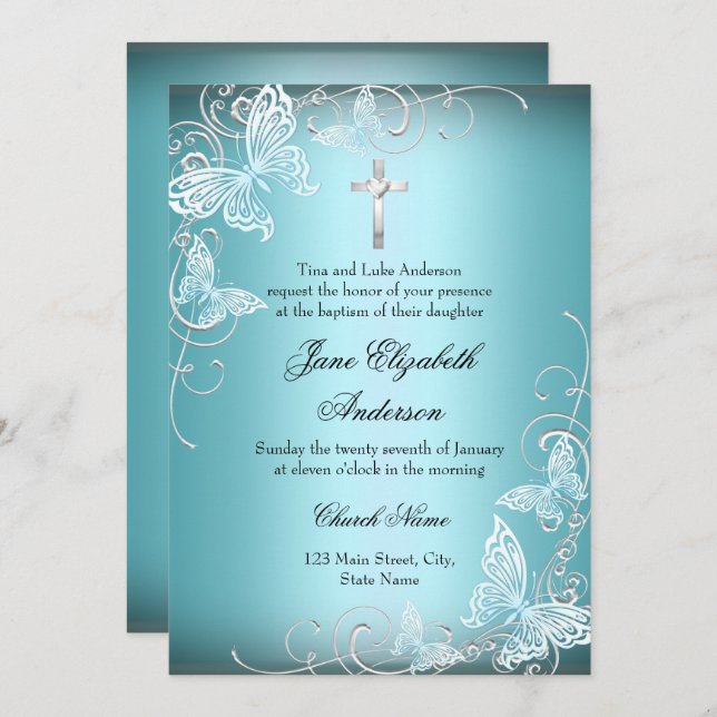 Pretty Blue Swirl Butterfly & Cross Baptism Invite (Front/Back)