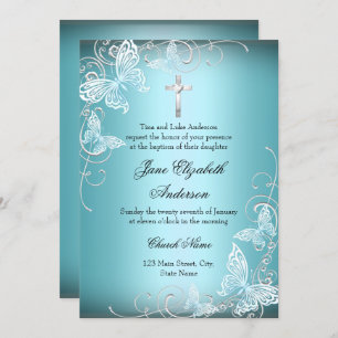 Pretty Blue Swirl Butterfly & Cross Baptism Invite