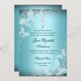 Pretty Blue Swirl Butterfly & Cross Baptism Invite