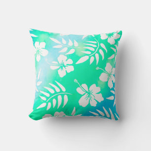 Pretty Blue, Teal and White Aloha Hawaiian Style Throw Pillow