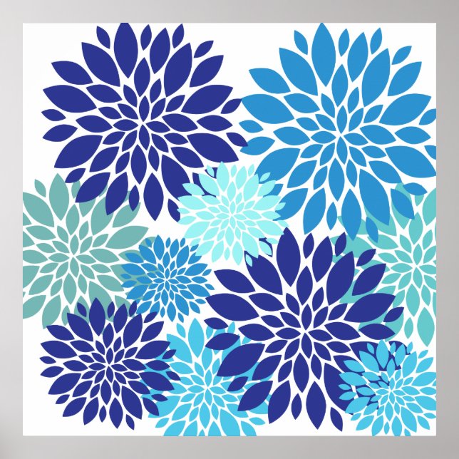 Pretty Blue Teal Turquoise Flowers Floral Art Poster (Front)