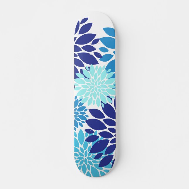 Pretty Blue Teal Turquoise Flowers Floral Art Skateboard Deck (Front)